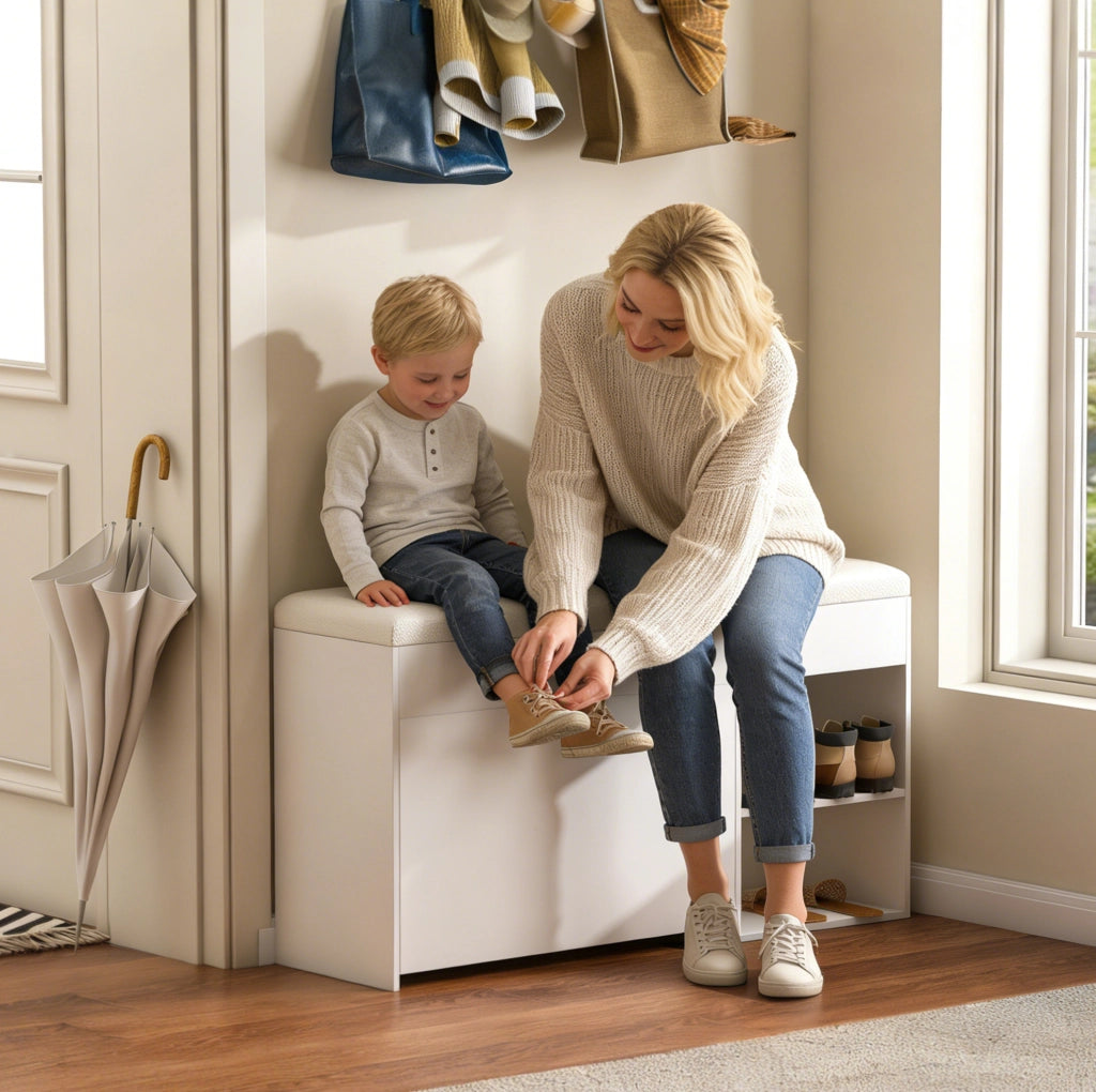 Panca portascarpe con coperchio e vano contenitore in MDF bianco