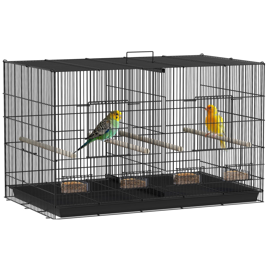 Gabbia per Uccelli con Divisorio e Ripiano Inferiore Portaoggetti, in Acciaio e PP, 94x57x57 cm, Nero