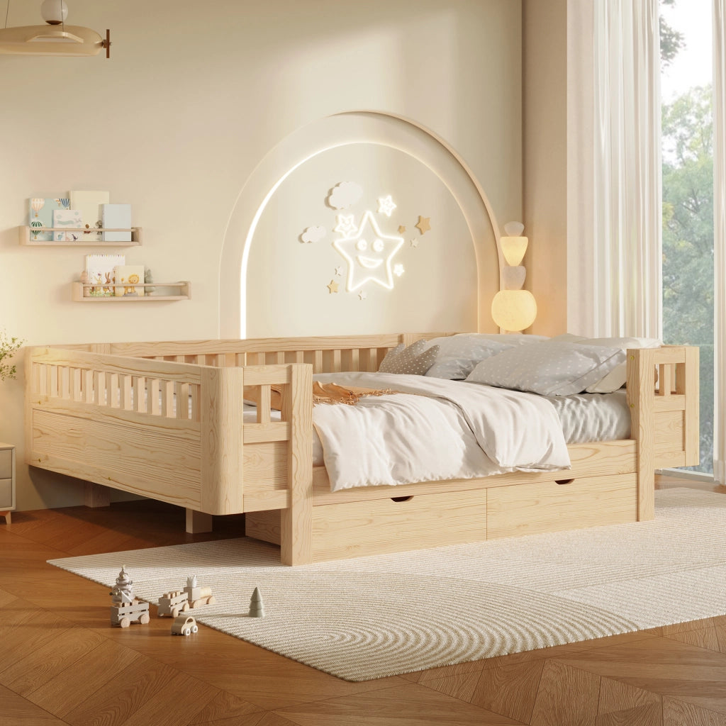 DESMIU Letto per bambini 140 × 200 cm con 2 cassetti, senza materasso, in legno massiccio e MDF, colore legno