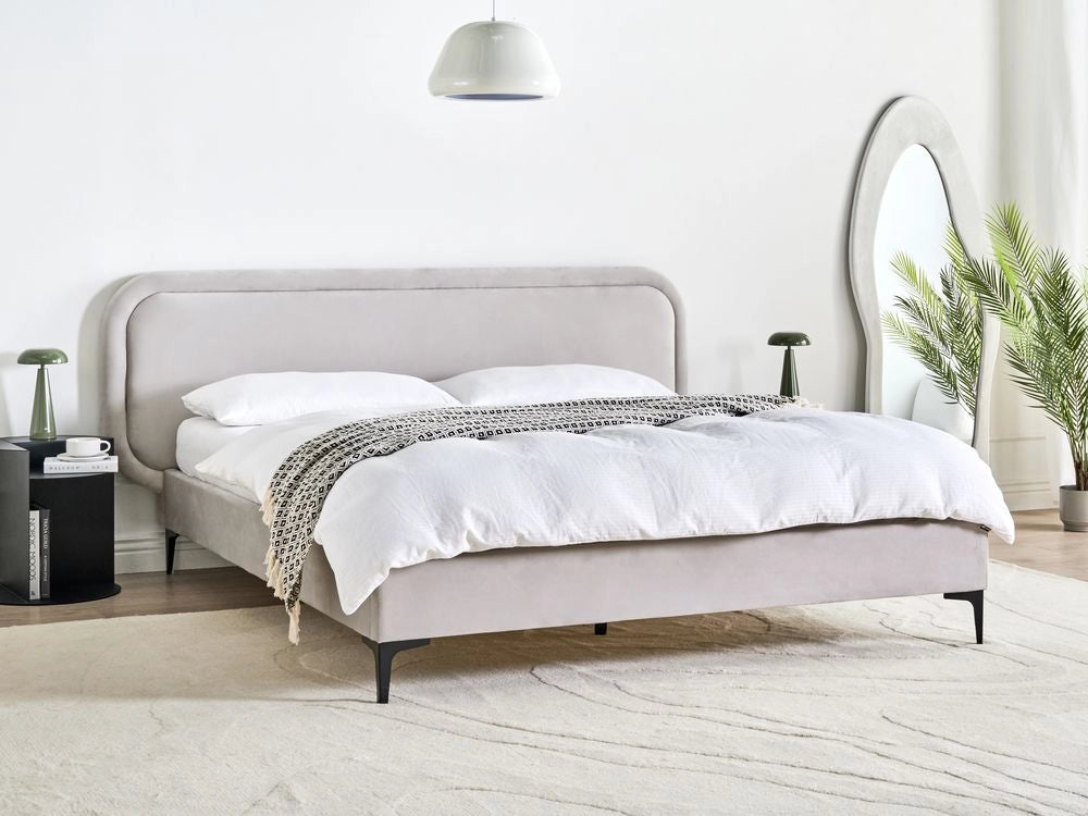 Letto matrimoniale EU Beige Chiaro Velvet 160 x 200 cm Imbottito Telaio Poggiatesta