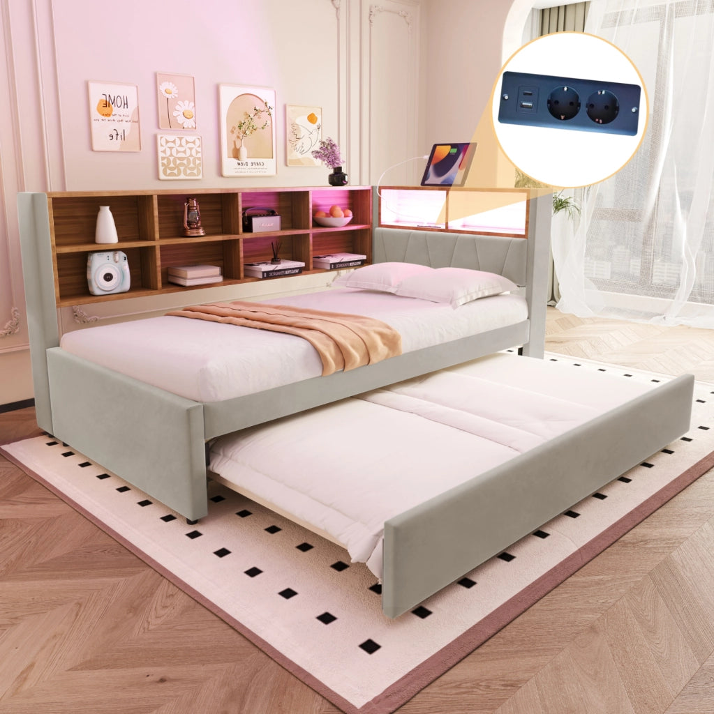 Divano letto 90x200 cm con letto estraibile 90x190; LED; USB e Type-C; vani contenitore; grigio chiaro