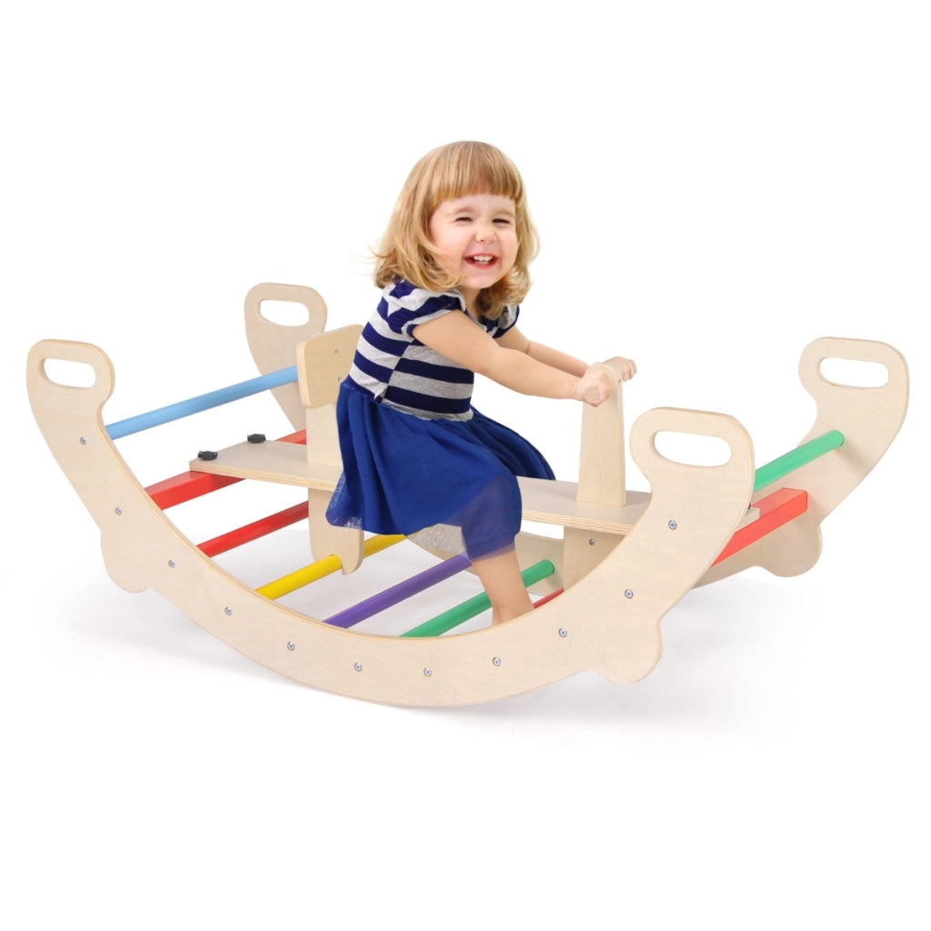 Arco cavallo a dondolo multifunzionale, Giocattoli di arrampicata in legno 4-in-1 per bambini dai 1-5 anni Multicolore-Arrampicate e scivoli