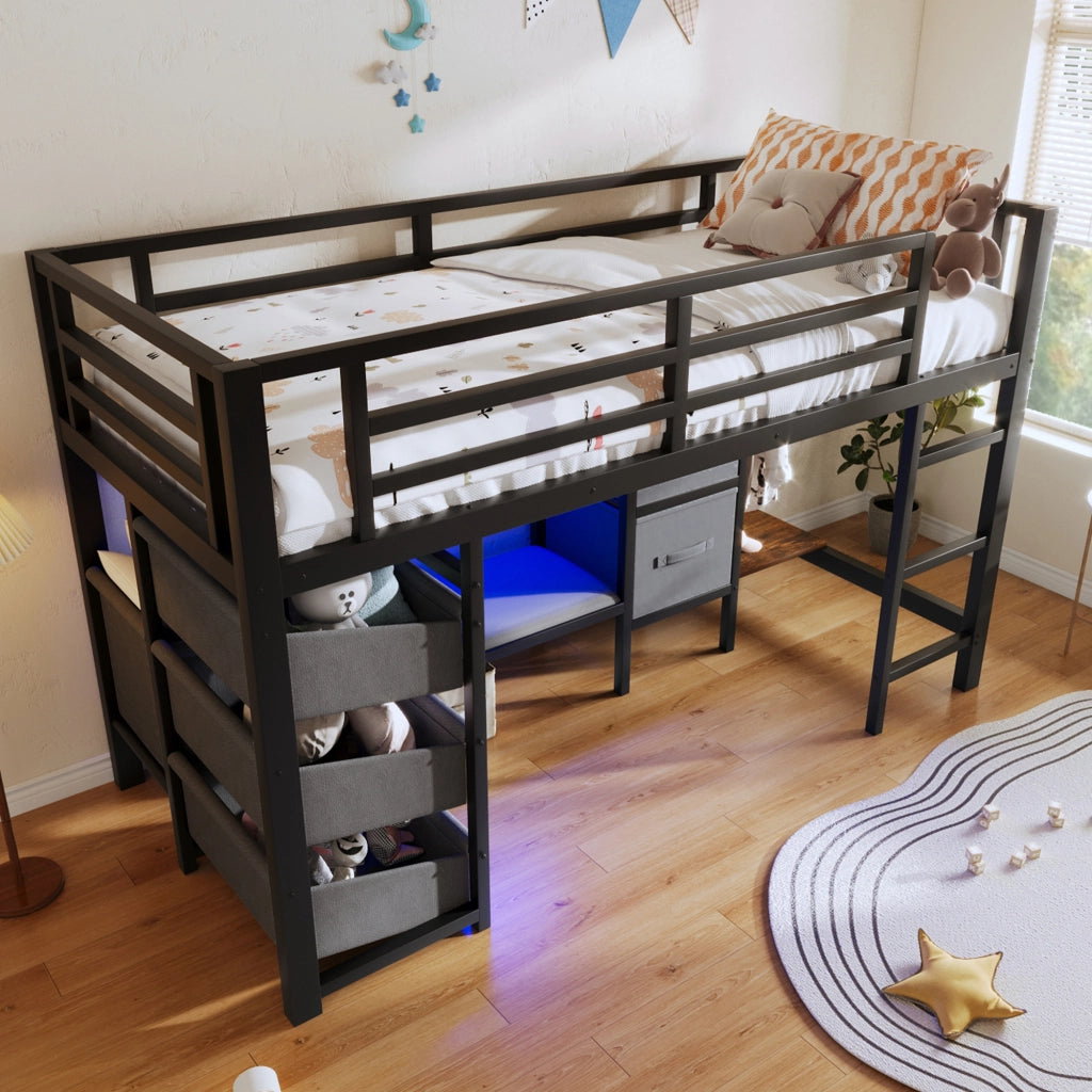 LETTO a metà altezza 90x200 cm Metallo Nero con cuscino, LED e vani portaoggetti