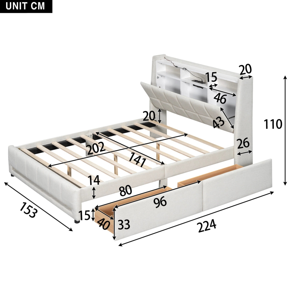 Polsterbett 140x200 cm con LED APP, USB e 2 cassetti, colore beige