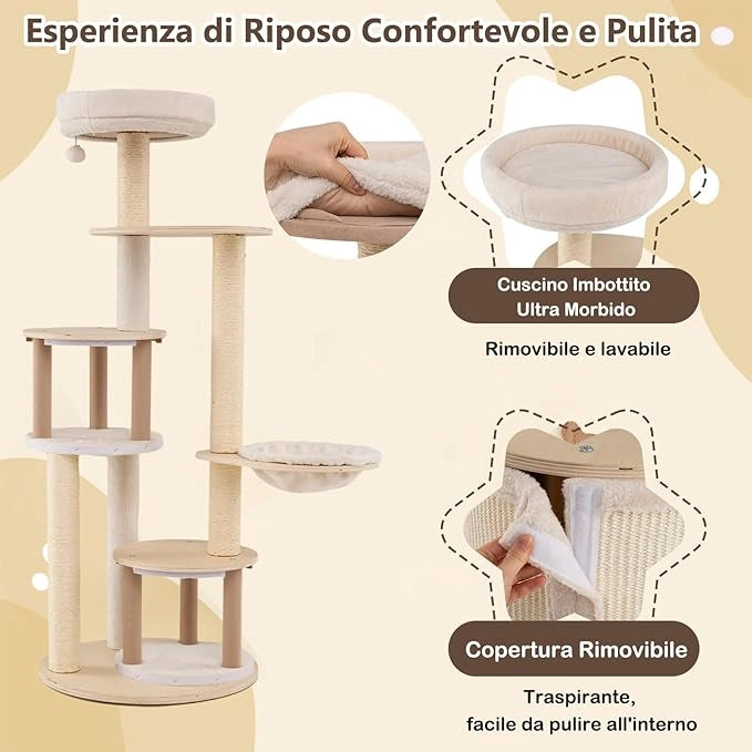 Albero per Gatti, Tiragraffi per Gattini con Tiragraffi in Sisal e Tappetino, Condomini, Piattaforma, Amaca, Giocattolo Pendente, Cuscino Lavabile e Multi-Livello, Mobili per Gatti da Interno