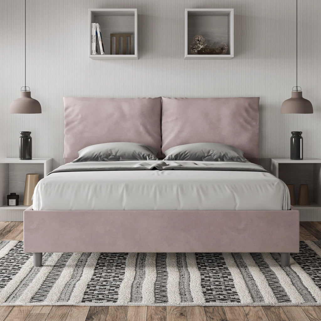 BS COM Letto queen size con rete imbottito 150x210 microfibra glicine