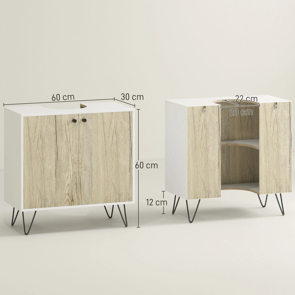 Mobile sottolavabo bagno ¨C Xylo ¨C 2 ante, gambe acciaio, bianco legno naturale, 60x30x60 cm