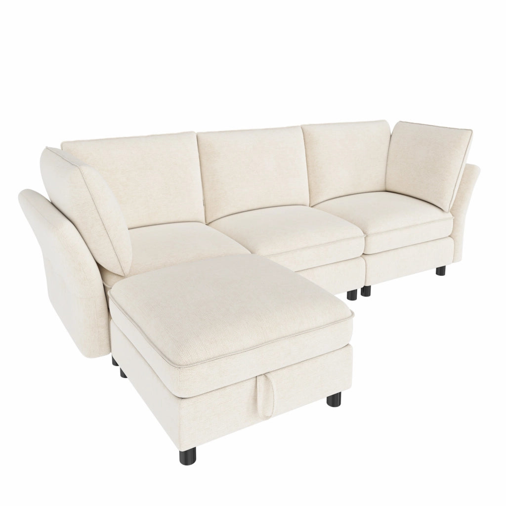 Divano modulare angolare 4 posti - con pouf contenitore e 2 cuscini - in chenille beige