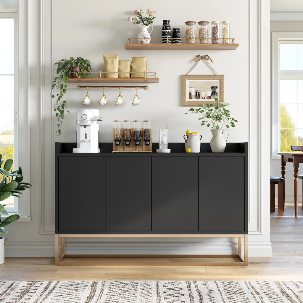 Credenza buffet 120cm nera, mobile soggiorno in pannello di particelle con base metallo oro, 4 ante push‑to‑open, ripiani regolabili, mobile da ingresso sala da pranzo