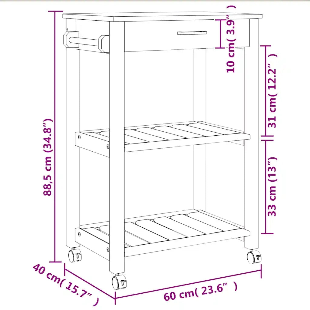 Carrello da Cucina-Scaffale per Cucina MONZA 60x40x88,5 cm in Legno Massello di Pino 951532