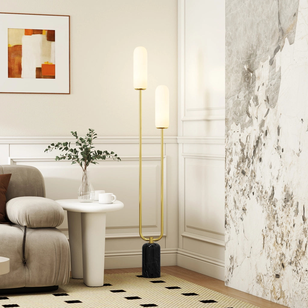 Lampada da Terra Soggiorno ¨C Xylo ¨C Base Marmo 2 Paralumi Vetro Bianco