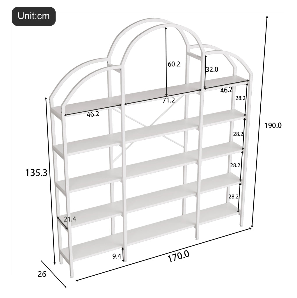 Scaffale 170x26x190 cm a 5 ripiani con decorazione a nuvola in MDF e metallo bianco