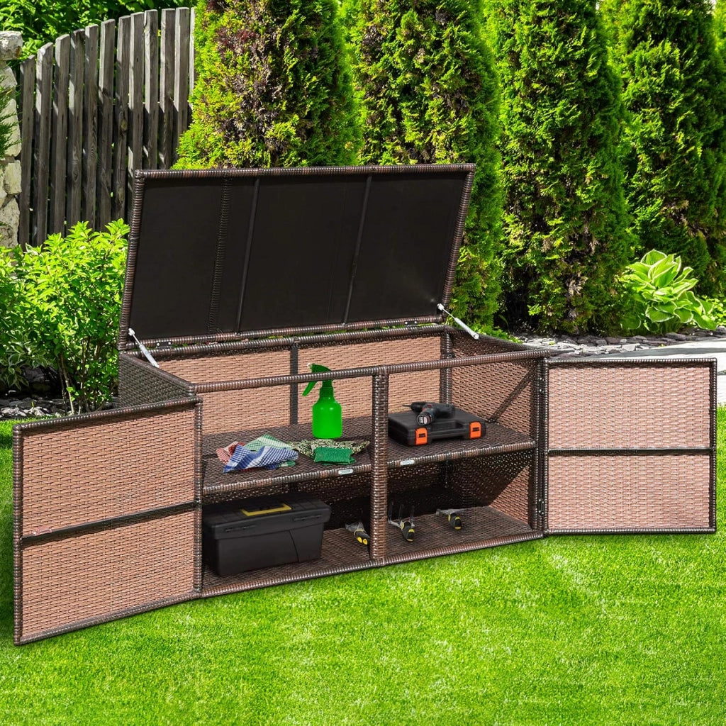 Baule Contenitore da 335L, con Coperchio e 2 Ripiani, Contenitore da Giardino con Telaio in Acciaio, Box per Conservazione di Attrezzi Giocattoli Accessori (Marrone)