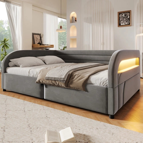 Letto una piazza e mezza con contenitore idraulico 140x200 cm LEMONMAX, LED RGB, struttura imbottita, MDF e tessuto, grigio
