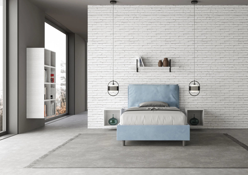 Letto 1 Piazza E Mezzo 120x190 cm con Rete Imbottito in Microfibra Antea Large Azzurro