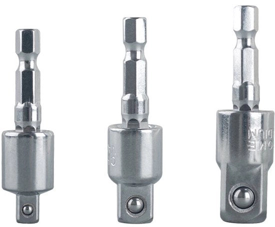 Set a tre pezzi di testine di avvitatore pneumatico a 360 gradi, adattatori universali, maniglie a sei facce e estensioni di testa quadrata rotativa (1/2, 3/8, 1/4 pollici, argento)