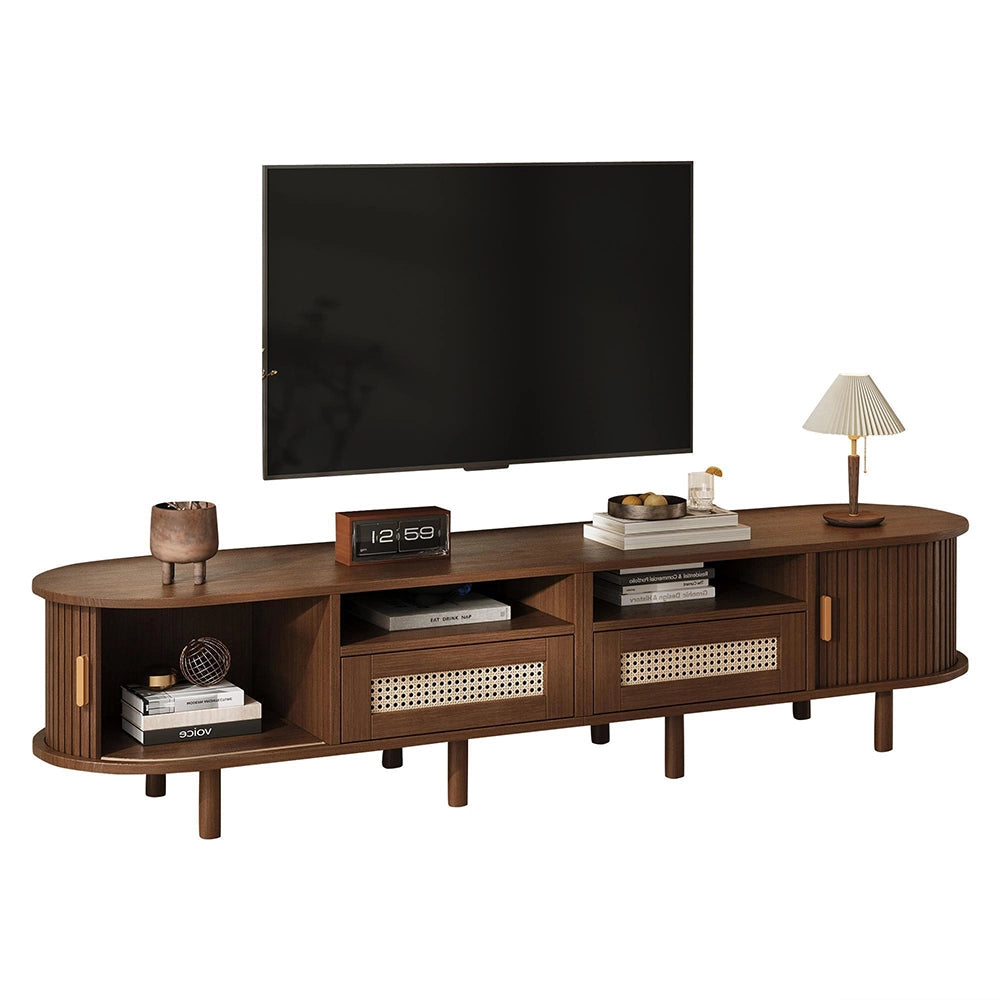 Mobile TV Ovale 170x40x40cm - Xylo - 2 Cassetti in Vimini, 2 Ante Scorrevoli, Noce