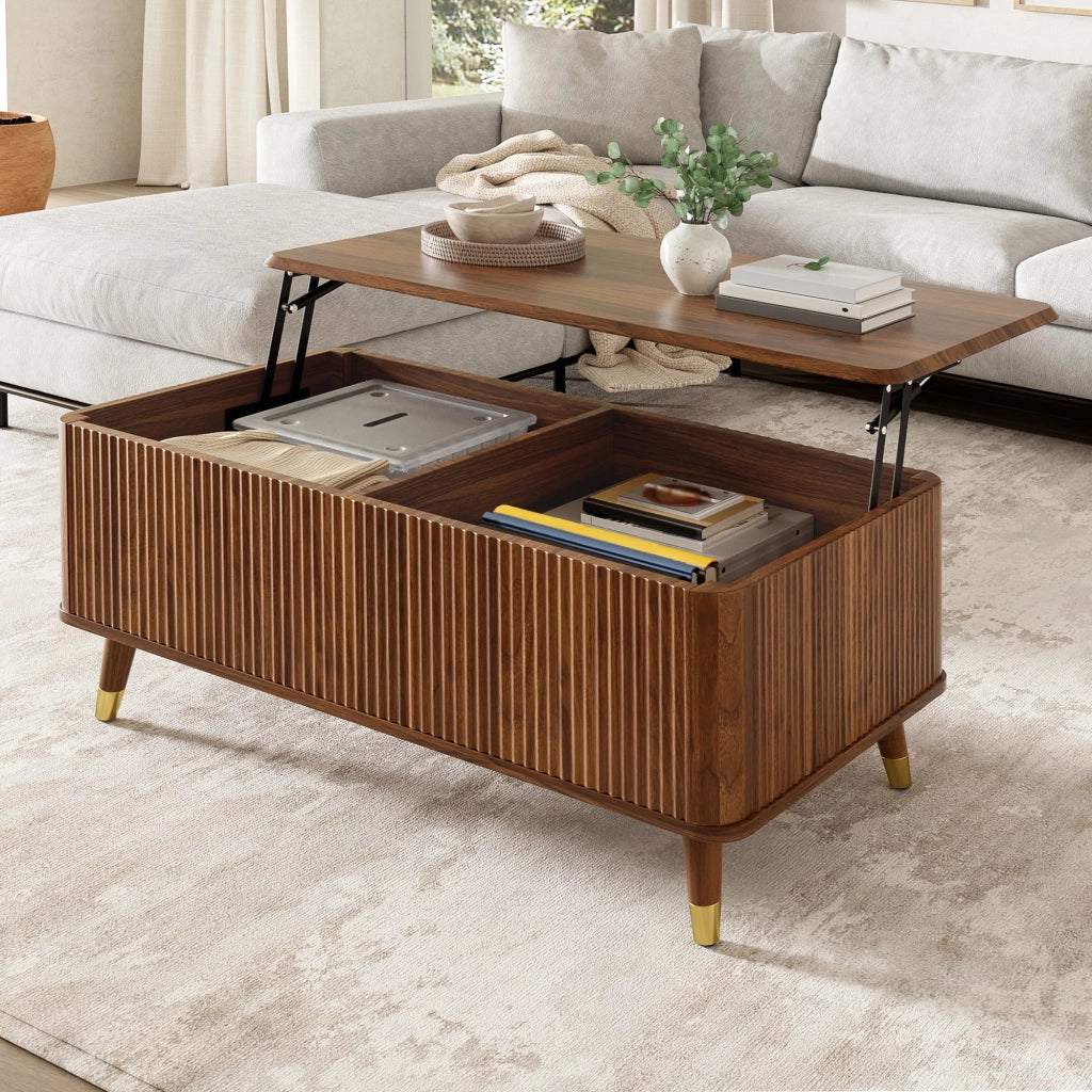 Tavolino da salotto elevabile con vano contenitore e piano estensibile, retrò, in MDF noce, 97 × 52 × 56.5 cm