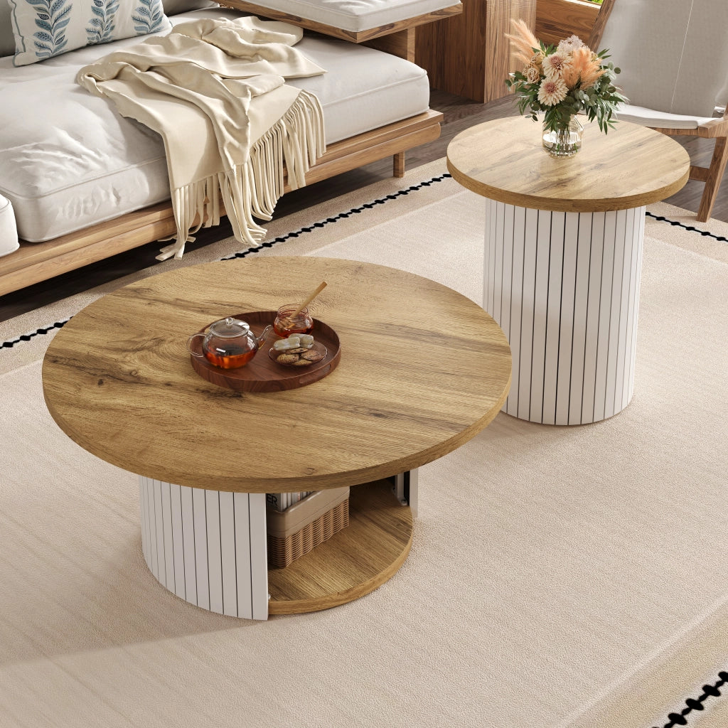 Tavolino da Caffè Rotondo con Tavolino Ausiliario, Spazio Di Archiviazione, Stile Nordico per Soggiorno, in MDF, Naturale