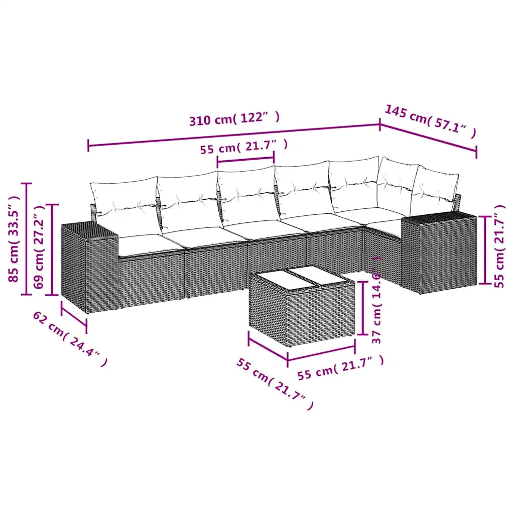Set Divani da Giardino 7 pz con Cuscini Nero in Polyrattan 3222596
