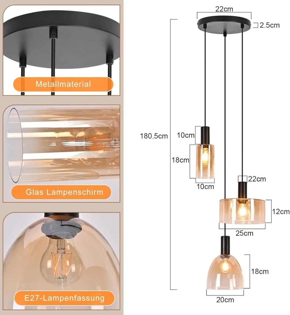 ZMH Lampada a Sospensione 3 Luci Vetro Ambra Industriale Altezza Regolabile per Sala da Pranzo Soggiorno Senza Lampadina