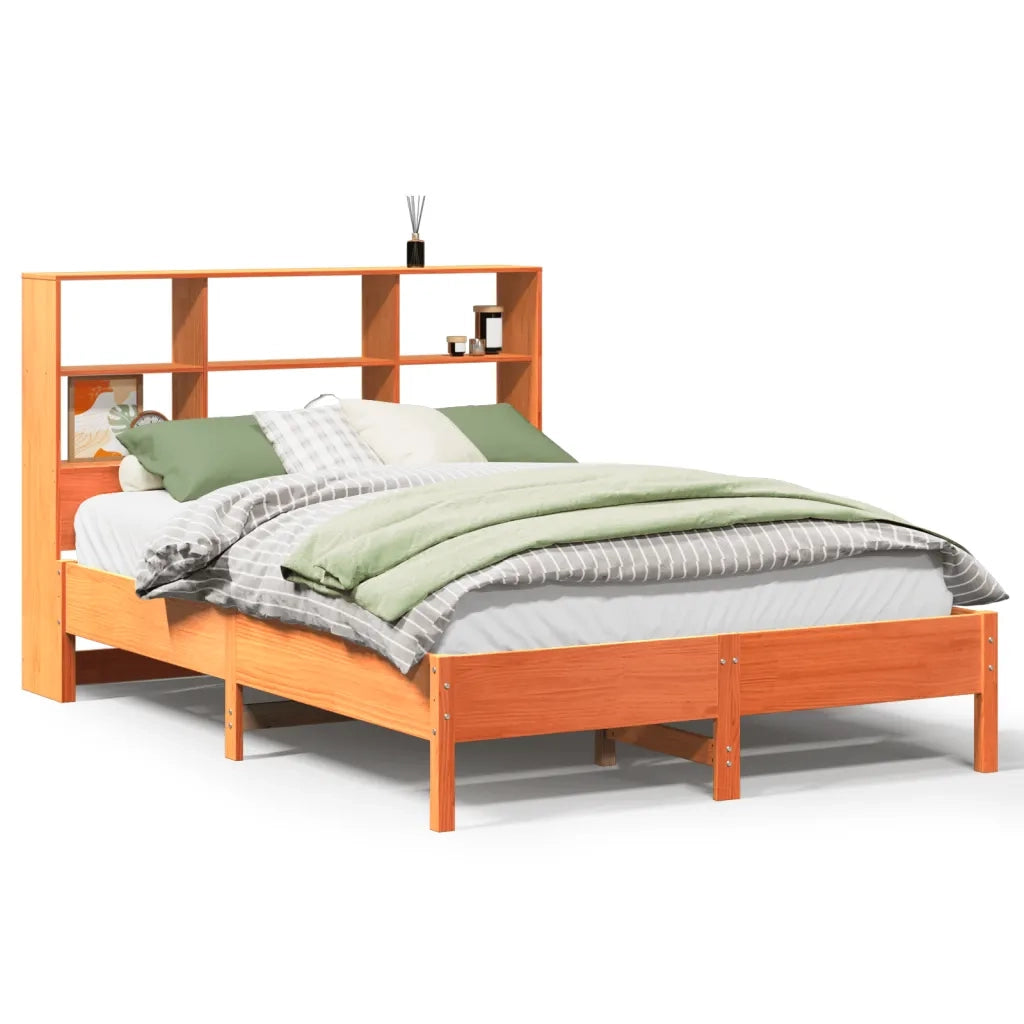 Letto Libreria senza Materasso-Struttura Letto con contenitore Marrone Cera 140x200 cm in Pino 663162
