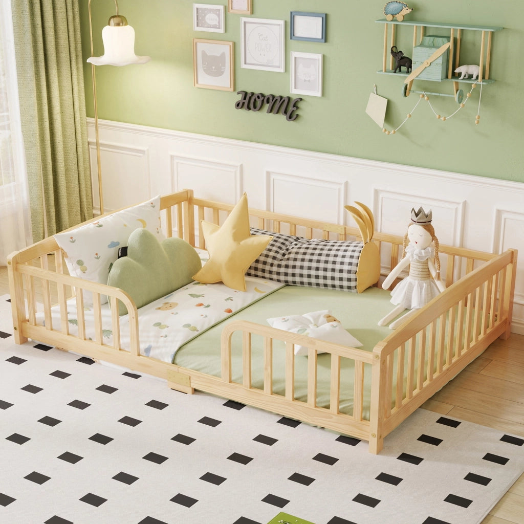 Lettino per bambini 140 x 200 cm, con spondine di sicurezza, senza piastra di base, colore del legno grezzo