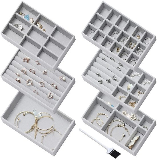 Sistema di conservazione 6-compartmenti, ripiegabile, cuscino di protezione morbido per anelli, orecchini, collane, cassa di conservazione per cassetti, grigio