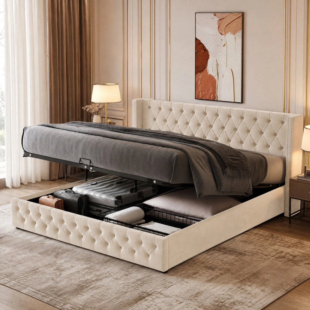 Letto imbottito matrimoniale 140x190 cm in velluto beige con contenitore e rete a doghe