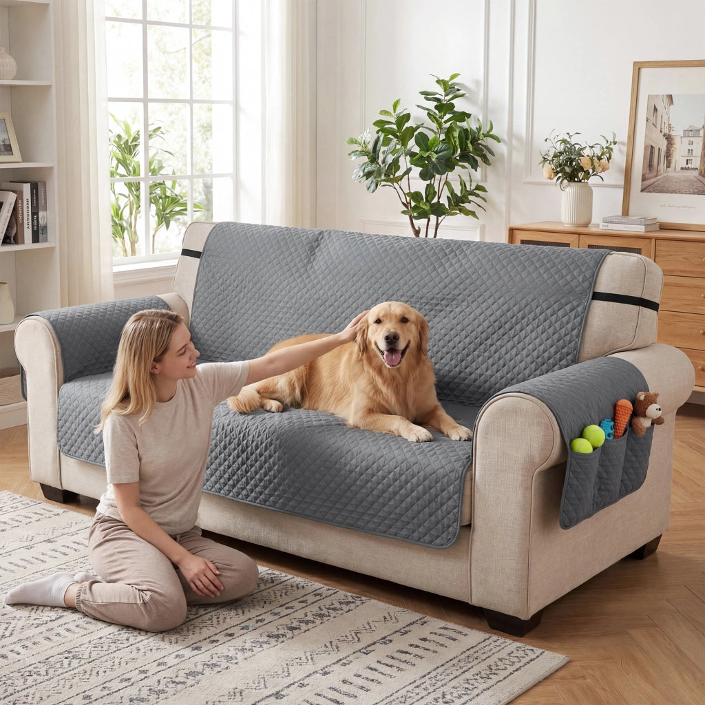 Copridivano 3 posti impermeabile ¨C Xylo ¨C tessuto grigio antimacchia con tasche