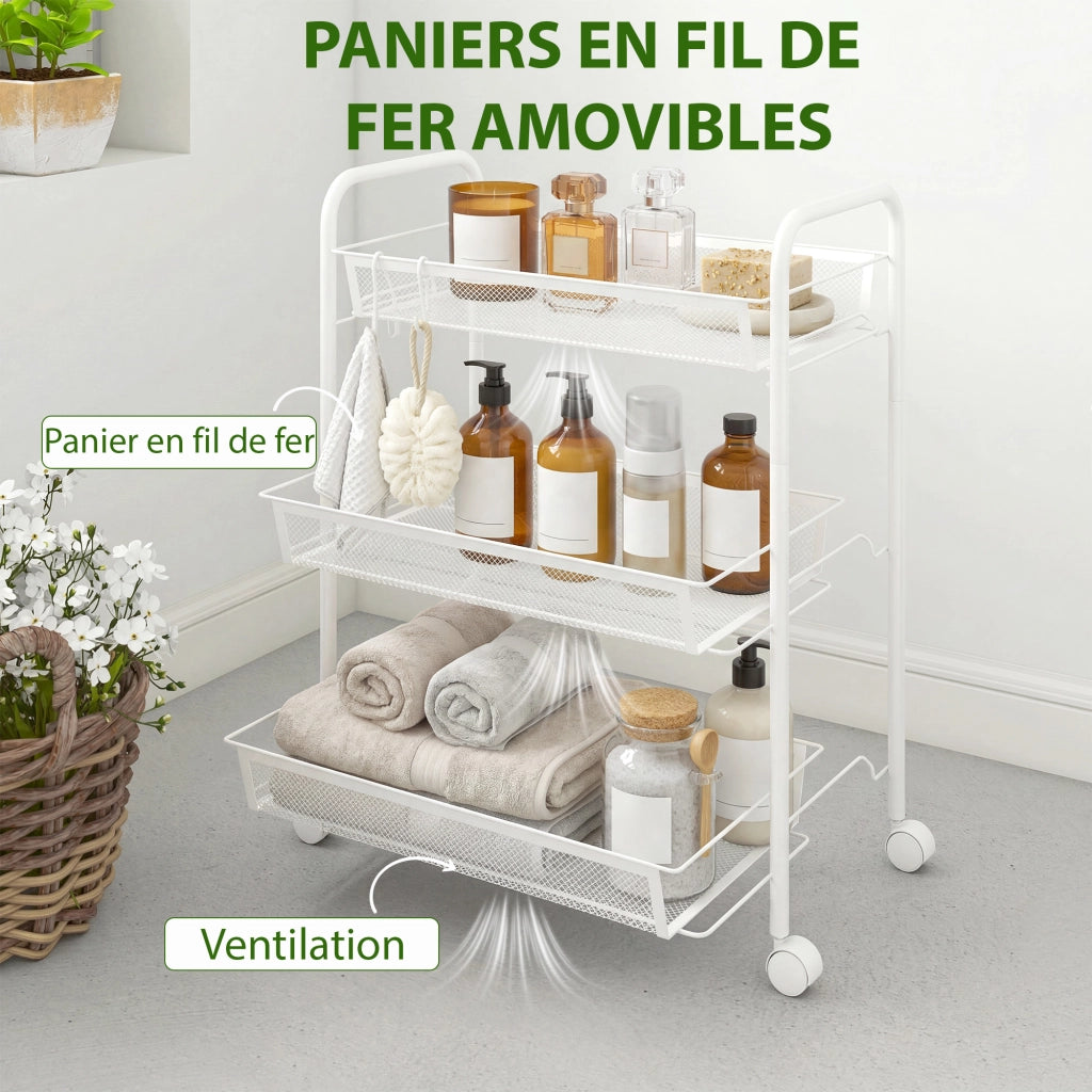 Carrello 3 Ripiani con Ruote ¨C Xylo ¨C Bianco 45x26,5x63 cm Salvaspazio
