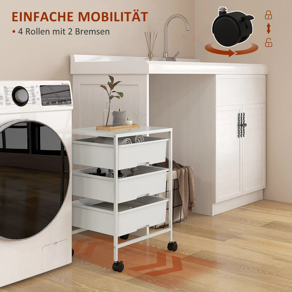 Carrello con 3 Cestini, Mobile Multiuso con Ruote ¨C zephmum ¨C Bianco, 40.8x33.5x60.5 cm