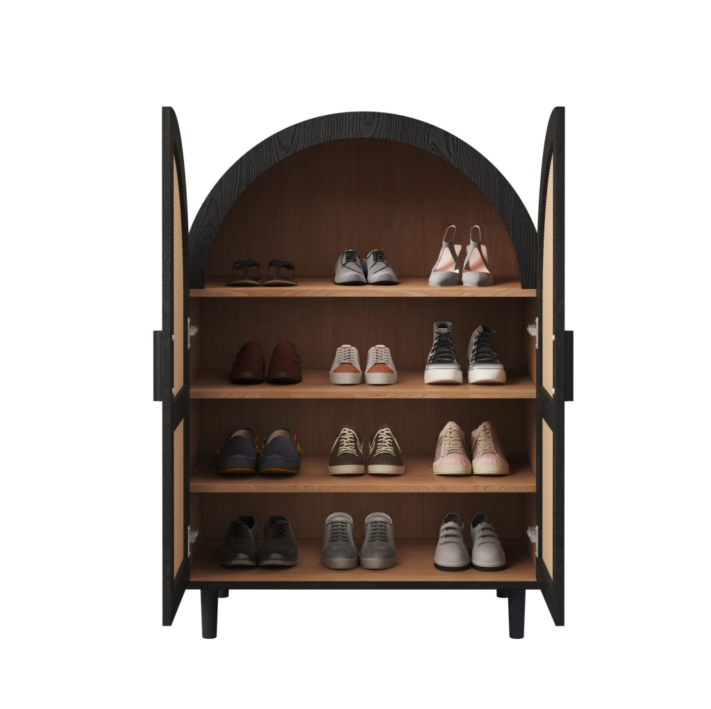 Scarpiera 70x40x100 cm con ripiani regolabili e ante in rattan MDF; pannello truciolare naturale e nero