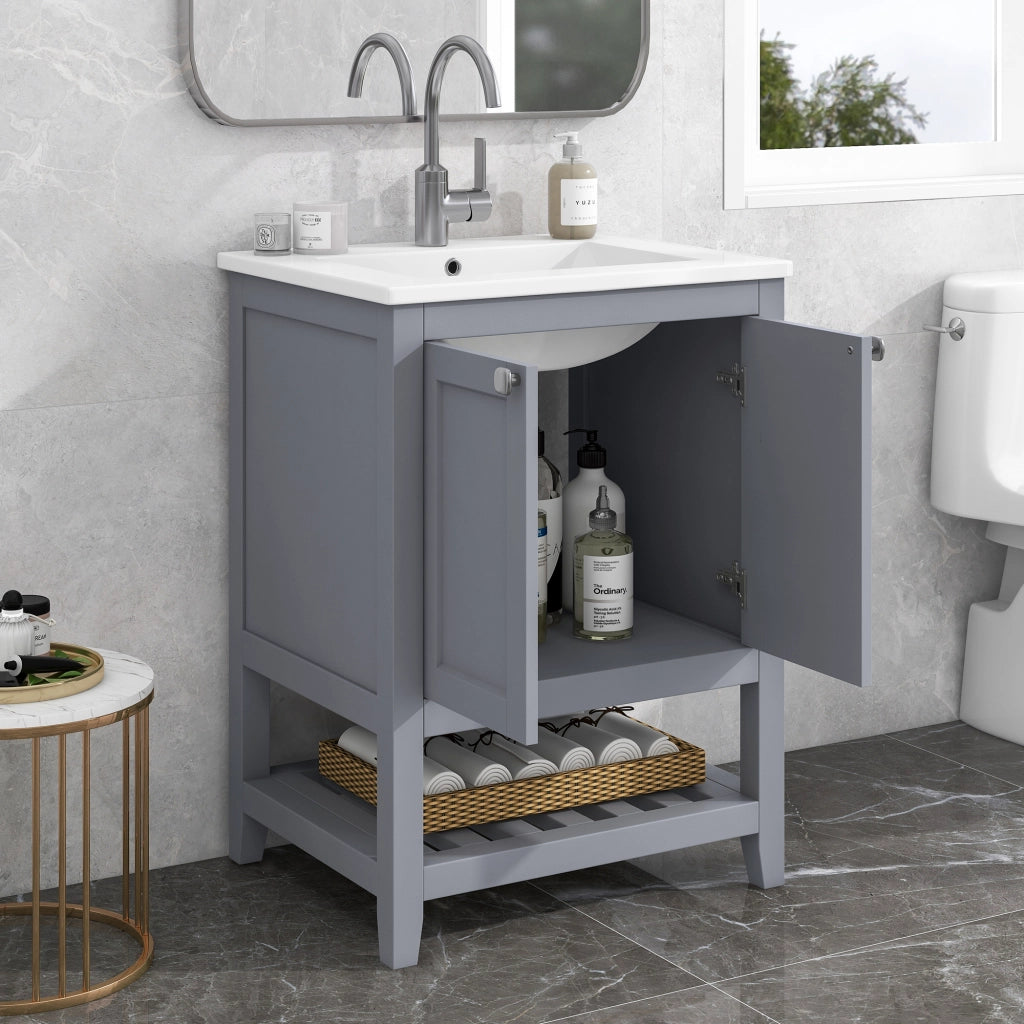 LAVABO CON MOBILE 60 cm Grigio e Bianco in Legno Massello e MDF