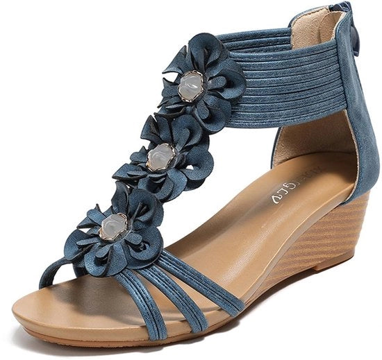 Sandallo Donna Estate - Tacco a Staffa - Slingback - Decorazione Fiorale - Casual - Botta a Rondello - Scarpe Estive