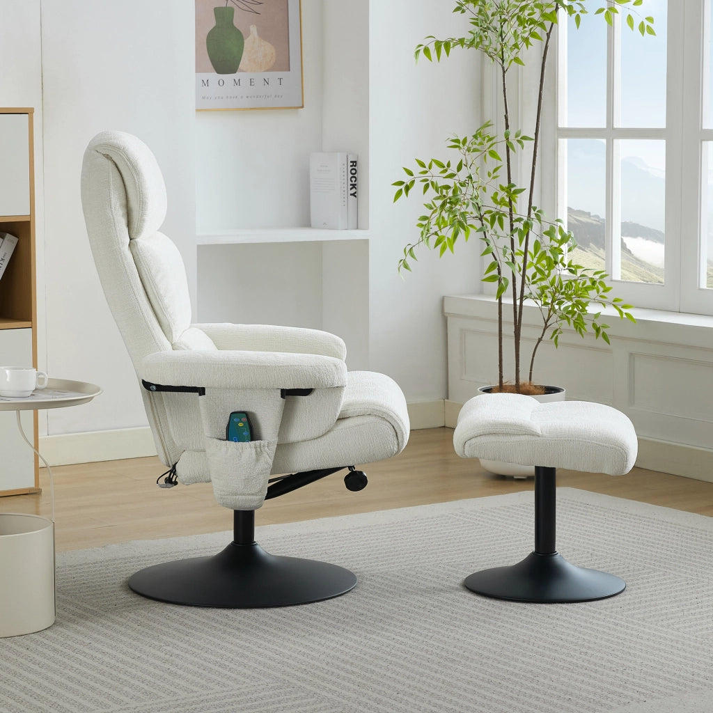 Poltrona Relax Reclinabile Massaggiante Elettrica con Poggiapiedi ¨C MINIMAL ¨C Chenille Bianco, Girevole 360¡ã