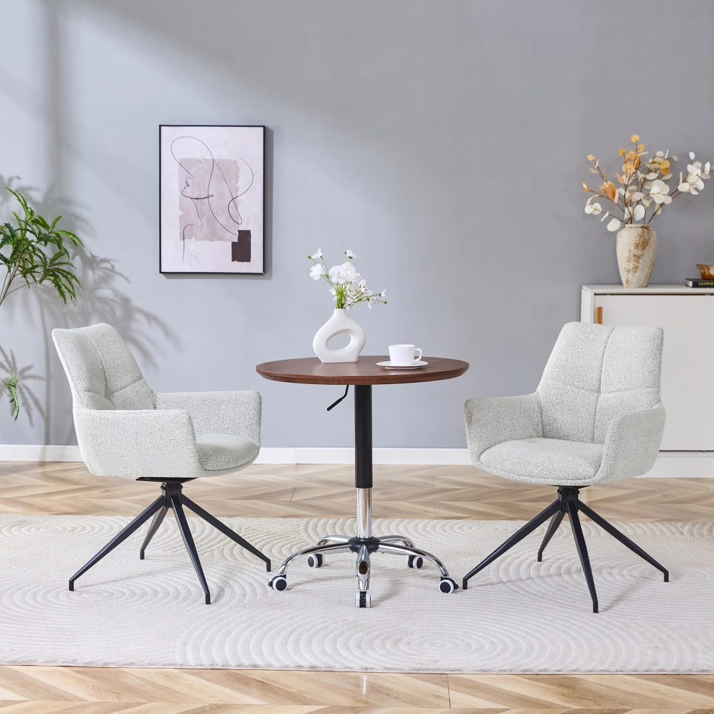 Chaise da pranzo girevole a 360° con braccioli e imbottitura in schiuma, in tessuto grigio chiaro e metallo nero