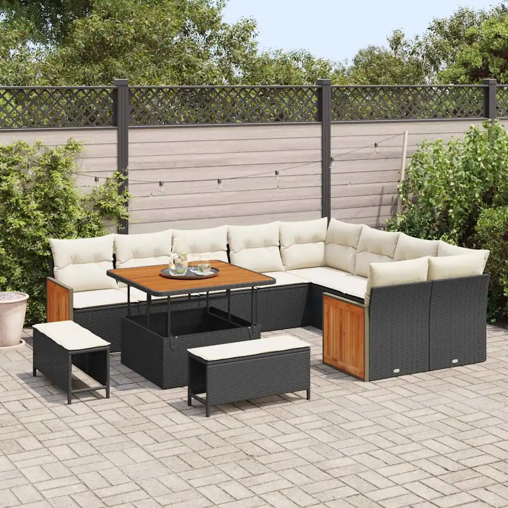 Set Divano da Giardino 13 pcs Nero e Crema polyrattan