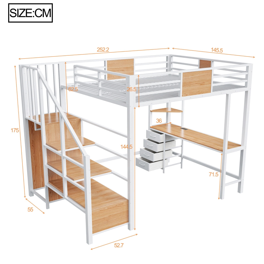 Letto a soppalco 140 x 200 cm, struttura in metallo, con scrivania, illuminazione a LED, presa di corrente, bianco