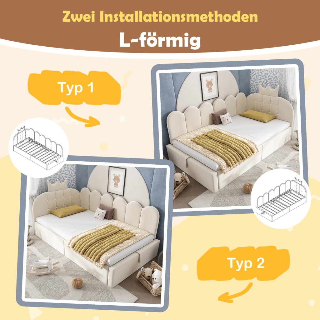 Letto a Divanetto 90 x 190 cm; Contenitore - in Velluto - Beige