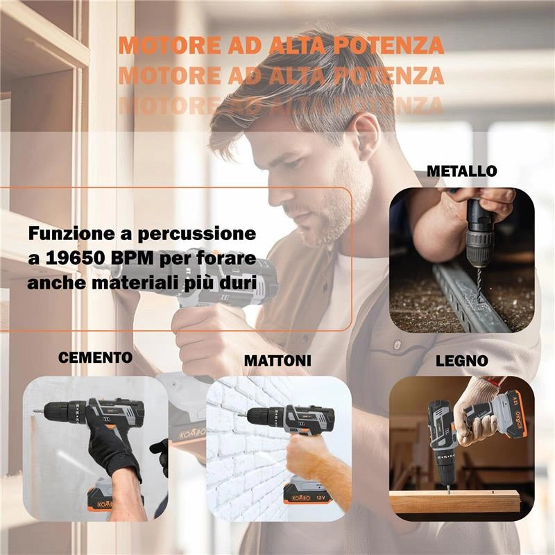 KOMBO TRAPANO CORDLESS A PERCUSSIONE 12V CON BATTERIA 2.0AH