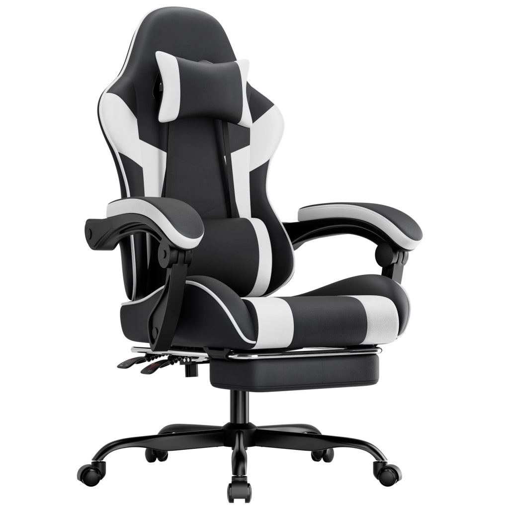Sedia da ufficio ergonomica con supporto lombare; poggiapiedi; schienale reclinabile e braccioli in PVC nero bianco