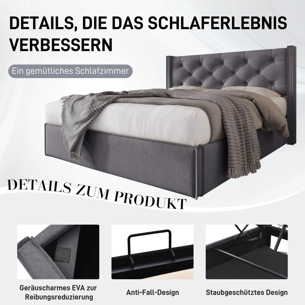 LETTO Imbottito con contenitore 140x200 cm Grigio in cotone
