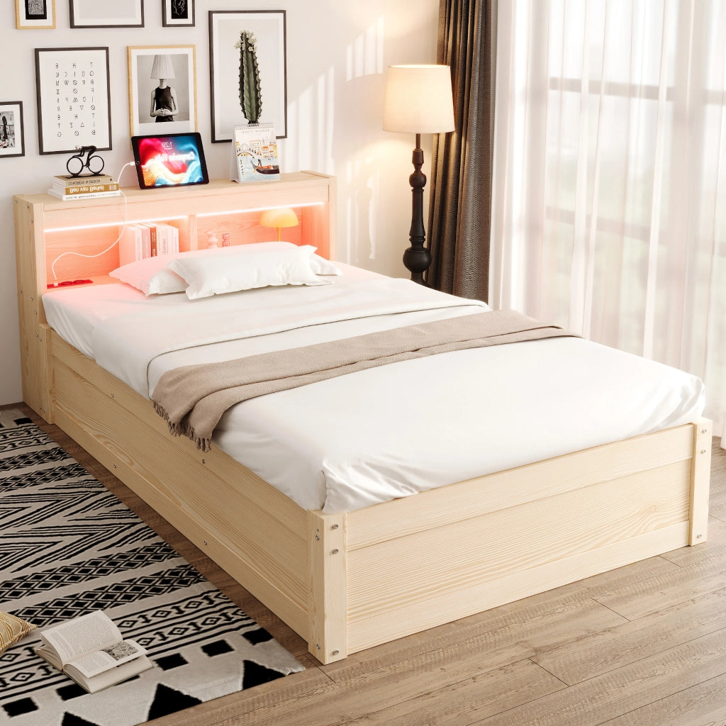 DESMIU Letto contenitore 90 × 200 cm 1 posto con presa, LED regolabile e vani, senza materasso, in MDF, legno