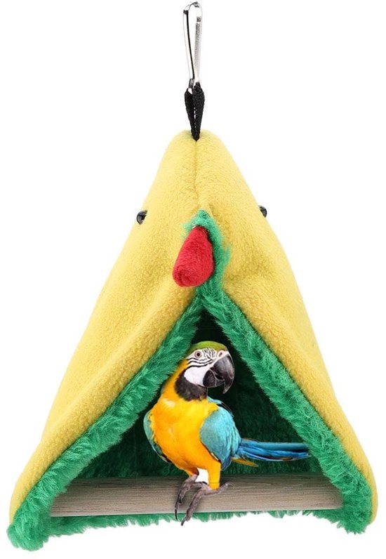 Tenda per Uccelli - Spazio di Gioco e Riposo - Inclusa Sbarra di Supporto in Legno - Dimensioni 14x10x18 cm