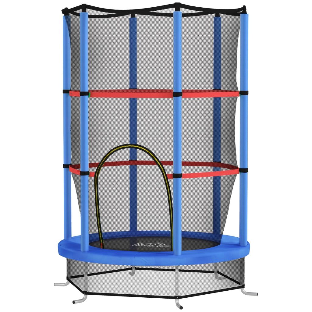 Tappeto Elastico per Bambini 3-6 Anni con Rete di Protezione, 6 Colonne e 3 Ingressi, ?140x190 cm, Blu e Nero