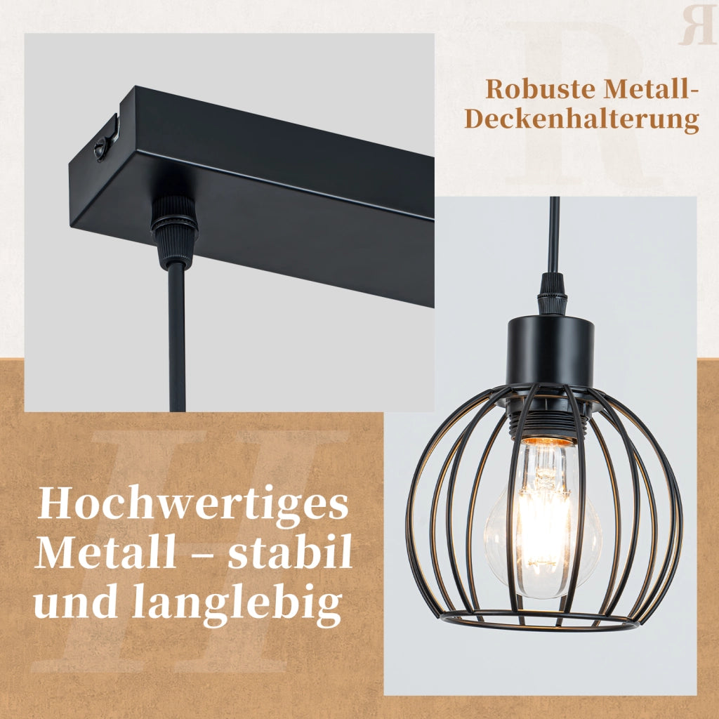 ZMH Lampada a sospensione vintage industriale E27 3 luci nera per soggiorno e sala da pranzo lampadine non incluse