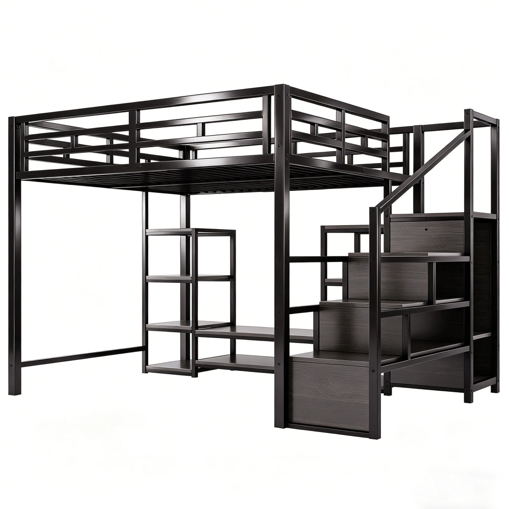 Letto a soppalco matrimoniale 140×200 cm con supporto TV; presa elettrica e scala; senza materasso; metallo; nero