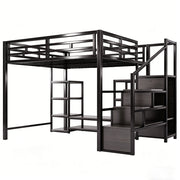 Letto a soppalco matrimoniale 140×200 cm con supporto TV; presa elettrica e scala; senza materasso; metallo; nero
