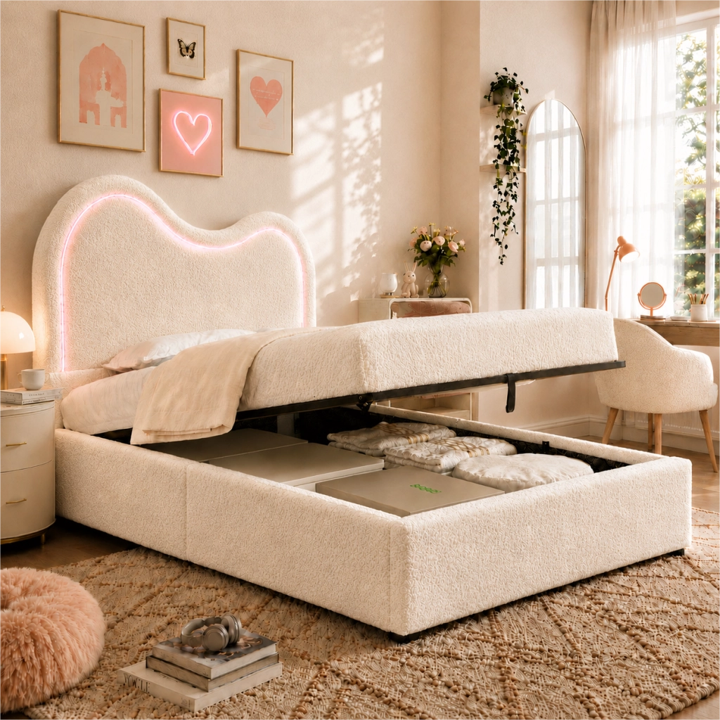 letto imbottito bouclé bianco 90 x 200 cm
